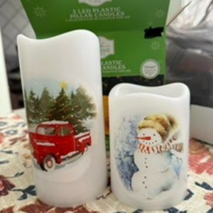 Christmas White LED Pillar Candle with Car & Snowman Decal, 2 pack
